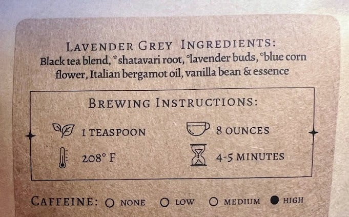Tea label with ingredients and brewing instructions.