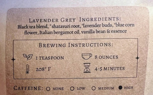 Tea label with ingredients and brewing instructions.